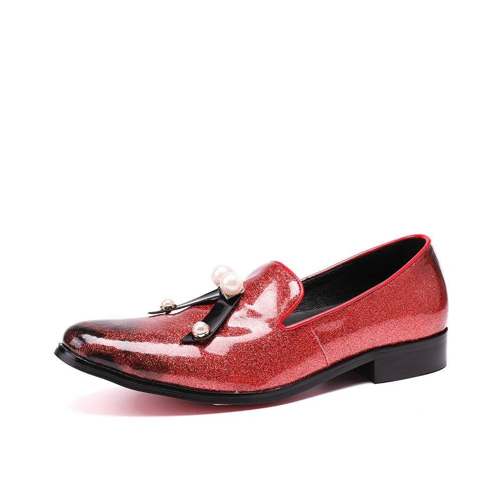 GOOSHOE Men Shoes Leather Loafer Pearl Embellished Red Patent Leather Shoes For Men Low Tops And Heels