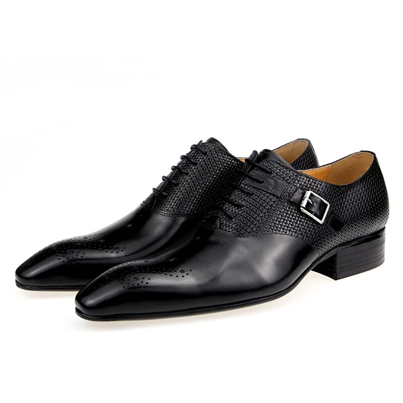 VCSHOES Mens Formal Genuine Leather Shoes Zapato Social Wedding Dress Loafer Oxford Weave Printing Daily Brogue Shoes