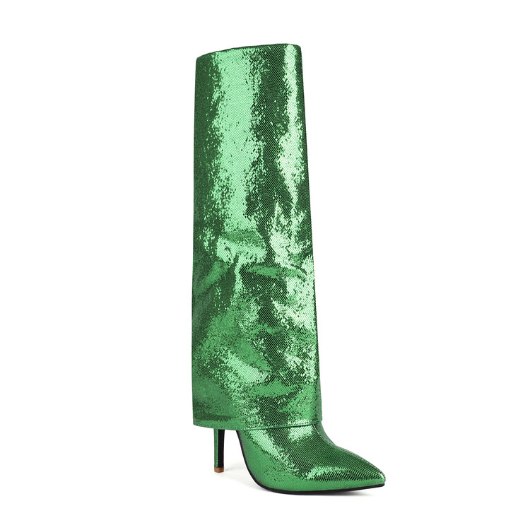 GOOSHOE Sequin Materials Thin High Heel Overlay Boots Wide Fit Stiletto Shoes Women's Knee High Pants Booties