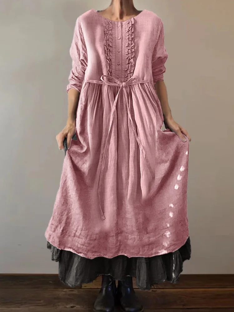 Ruffle Placket Tied Pleated Flowy Maxi Dress