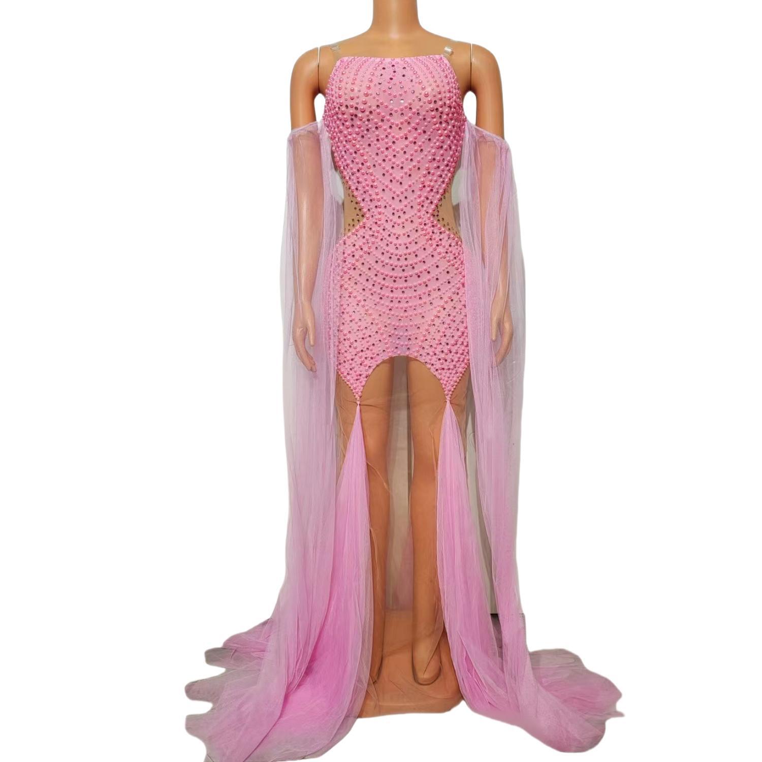GOOSHOE Cute Sweet Candy Mesh Pink Pearl Diamond Dress With Long Sleeve Piercing Party Dresses Gowns Mianhuatang