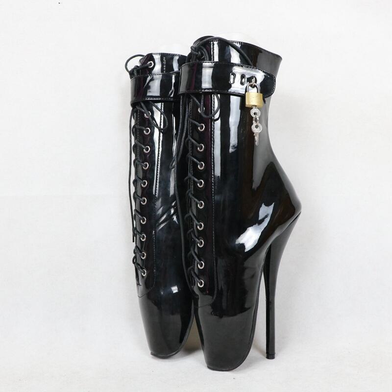 GOOSHOE Black Patent Ballet Stilettos Boots Ankle High Women Shoes Cross Tied Lace Up Boots Big Size 44 Booties Runway