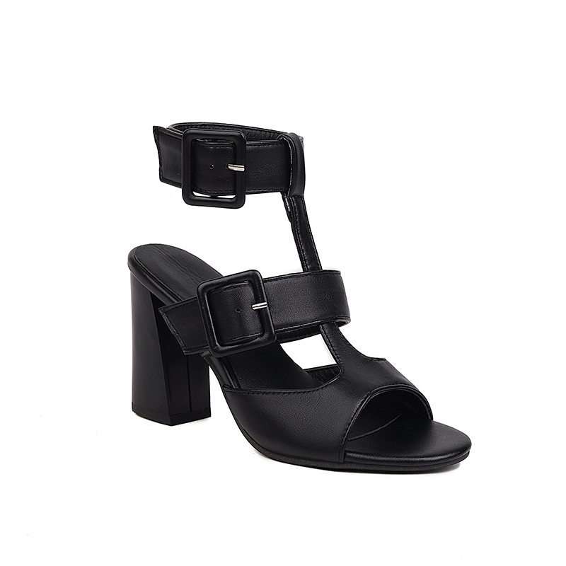 GOOSHOE Ankle Buckle Heel Cutout Peep Toe Sandals Two Row Belt Buckle Decorated High Chunky Heel Sandals