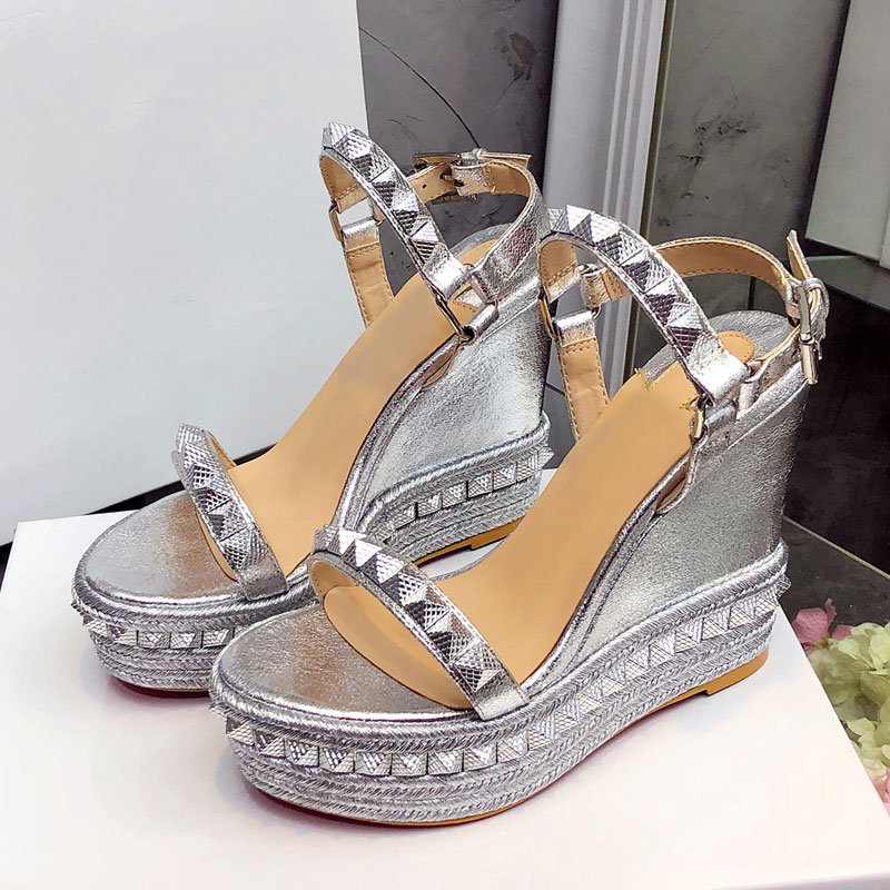 High Platform Wedges Party Sandals Women Rivet Decor Ankle Strap One-strap Genuine Leather Shoes Zapatos Mujer