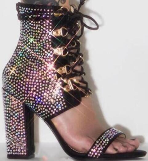 GOOSHOE Black Diamond Crystal Square Heels Sandals Boots Woman Bling Open Toe Short Boots Sandals
