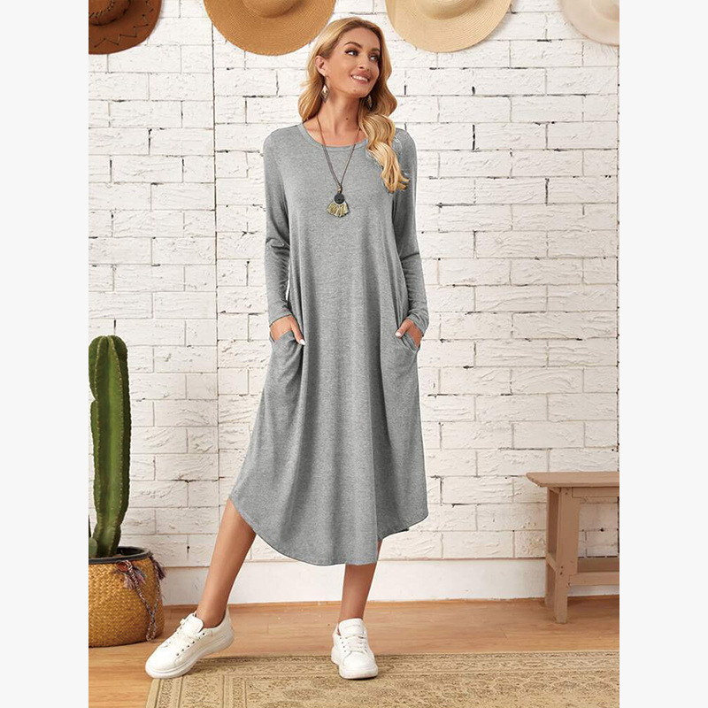 Casual Long Sleeve Dress Curved Hem Loose Dress