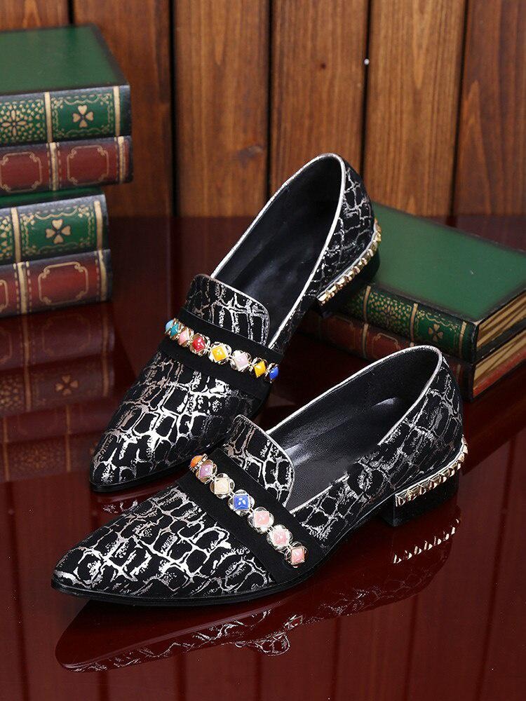GOOSHOE Leather Men's Flats Shoes Pointed Toe Stones Pattern Print Colorful Beads Rivets Shoes Chaussures Hommes