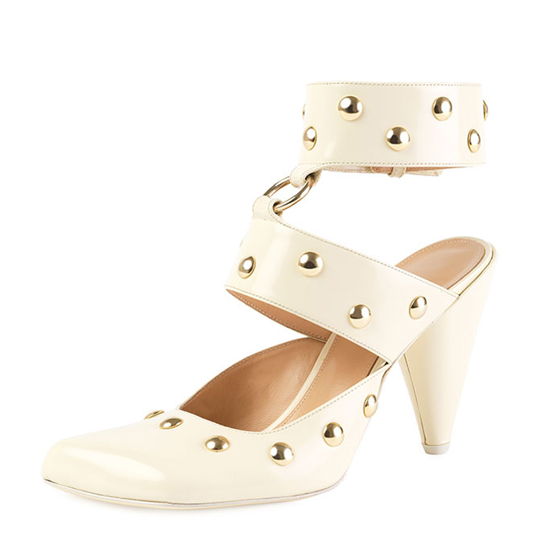 GOOSHOE Women Square Toe Metal Studs Sandals Spike Heels Ankle Strap Shoes Patent High-heeled Pumps