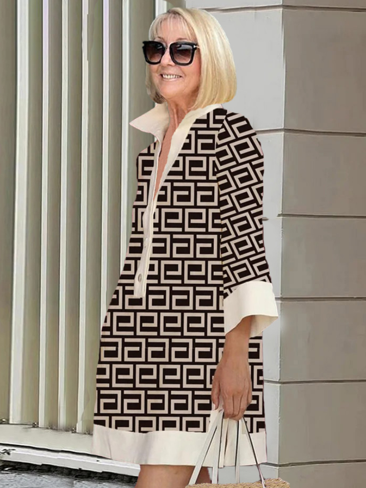 Lapel Button Printed Midi Dress