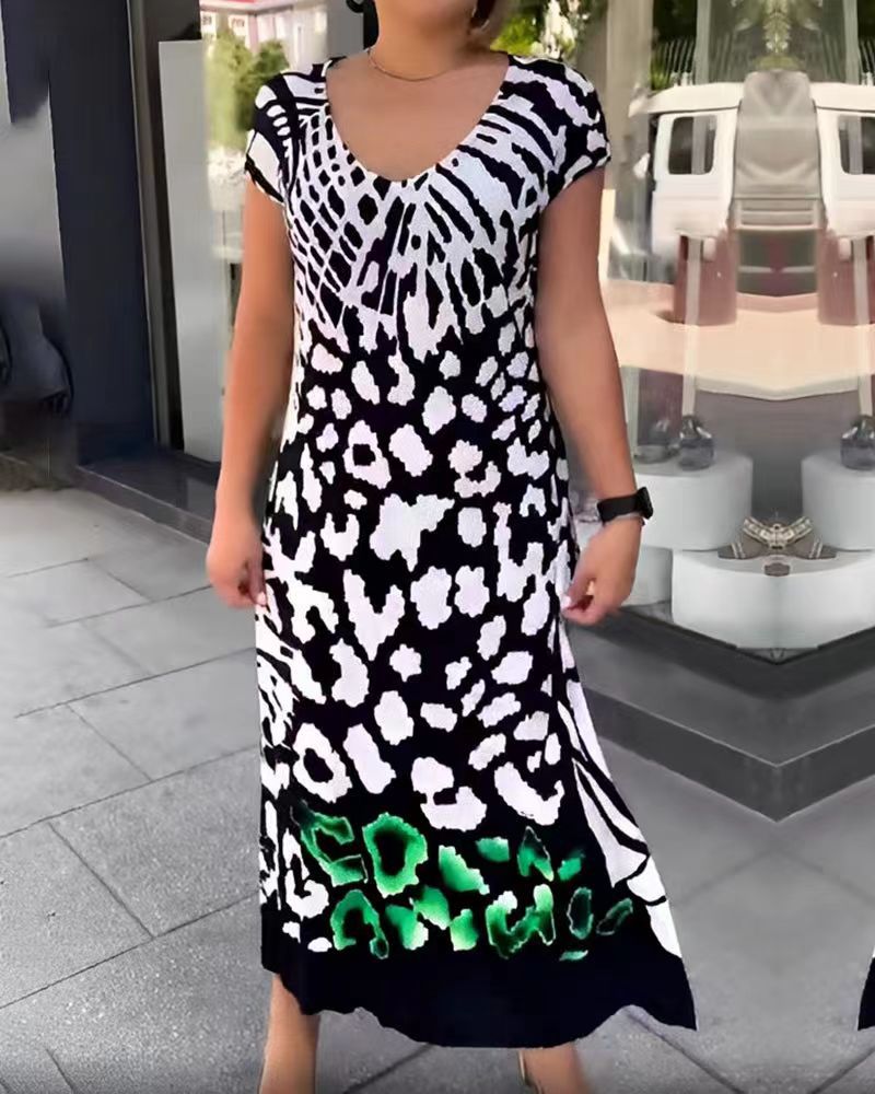 Summer New Printed round Neck Loose Split Long Dress