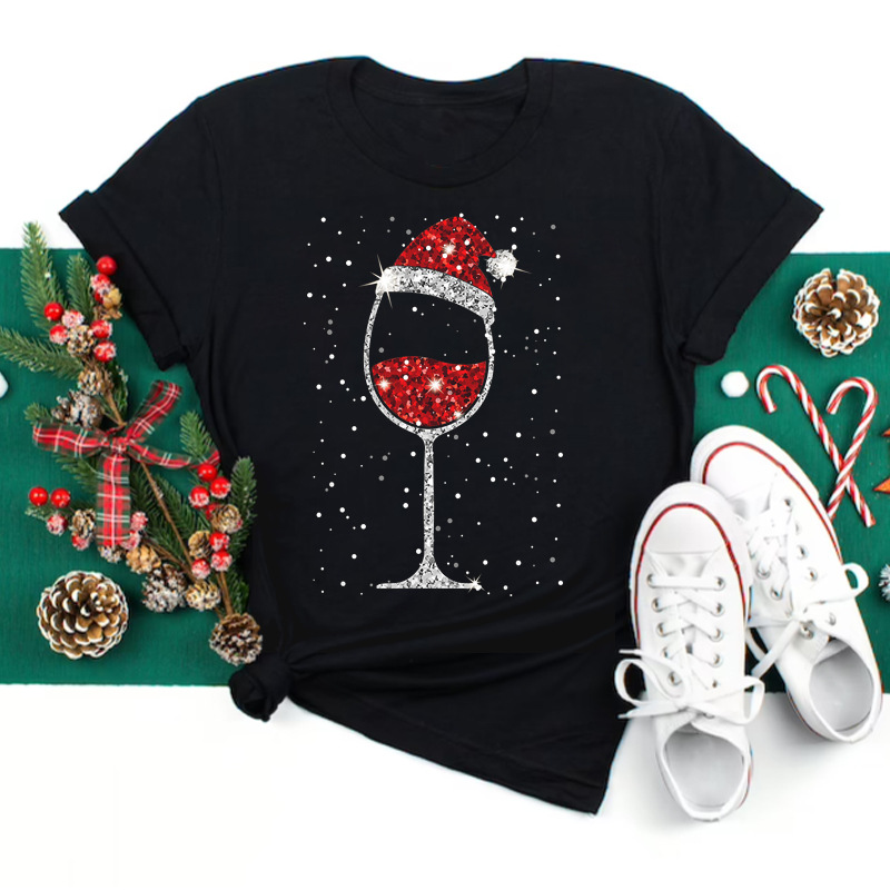 Christmas Wine Glass Printed Short-Sleeved T-shirt
