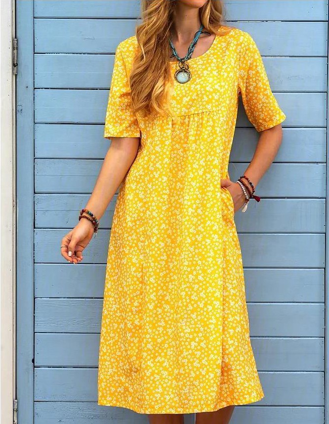 Summer Printed Floral Crew Neck Casual Mid-Length Dress