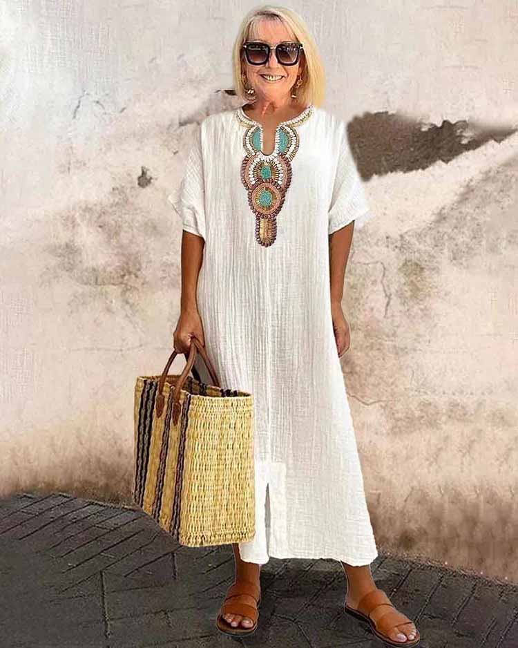 Plus Size Cotton and Linen Embroidered Split Dress