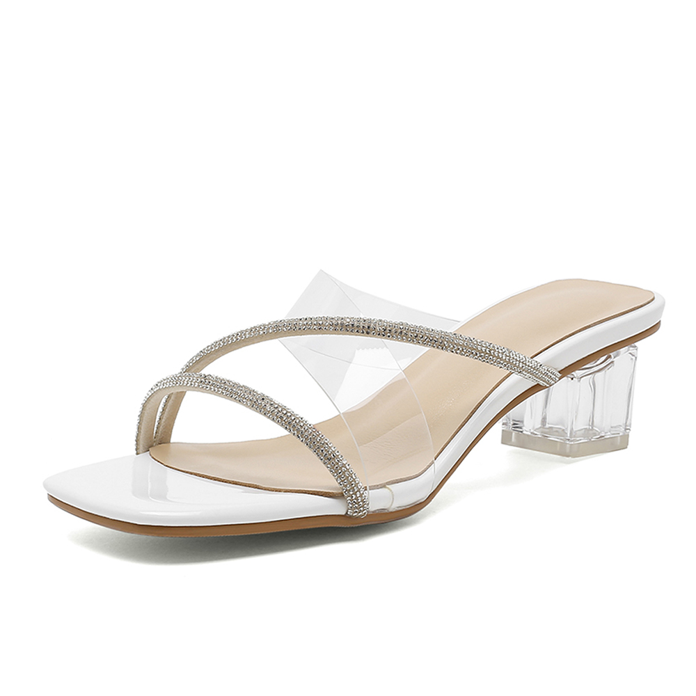 GOOSHOE PVC Sequin Strap Transparent Sandals With Rhinestone Straps Square Toe Low Heel Crystal Heel And Open-Toe