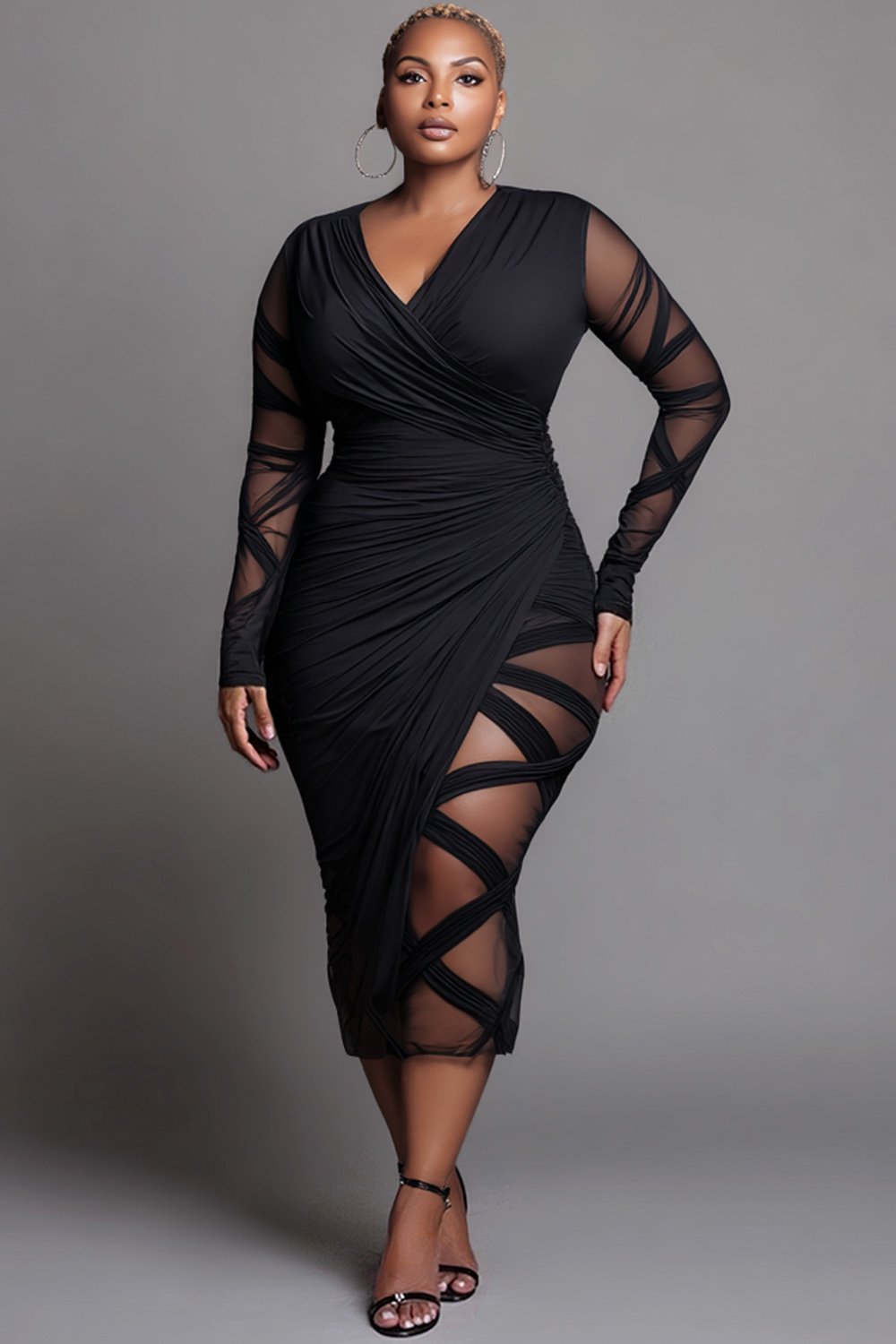 Xpluswear Design Plus Size Party Black Wrap Neck Long Sleeve Bodycon See Through Midi Dresses Black-2XL/18-20