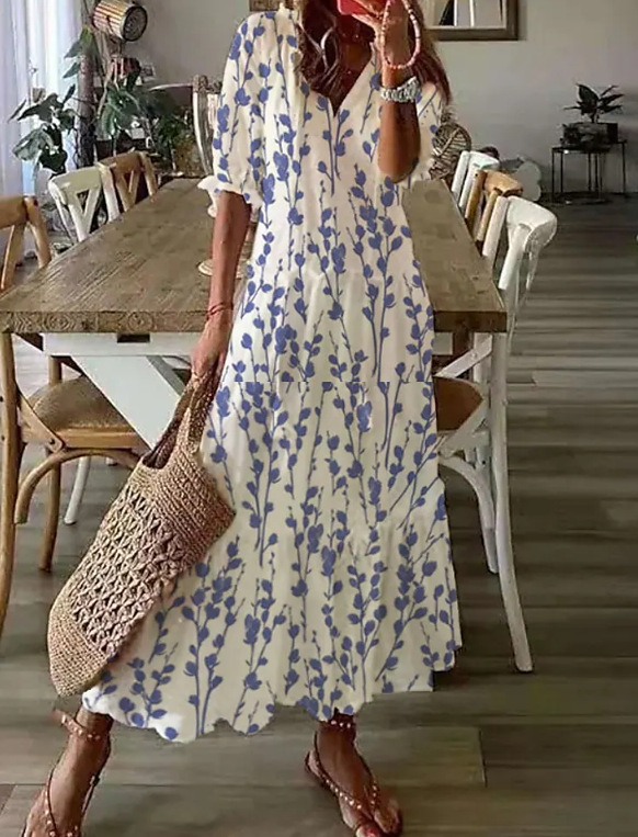 Loose Bohemian Printed V-neck Mid-Length Boho Tunic Dress