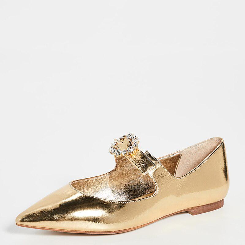 GOOSHOE Gold Flats Rhinestone Pointed Toe Vegan Shoes Woman Solid Party