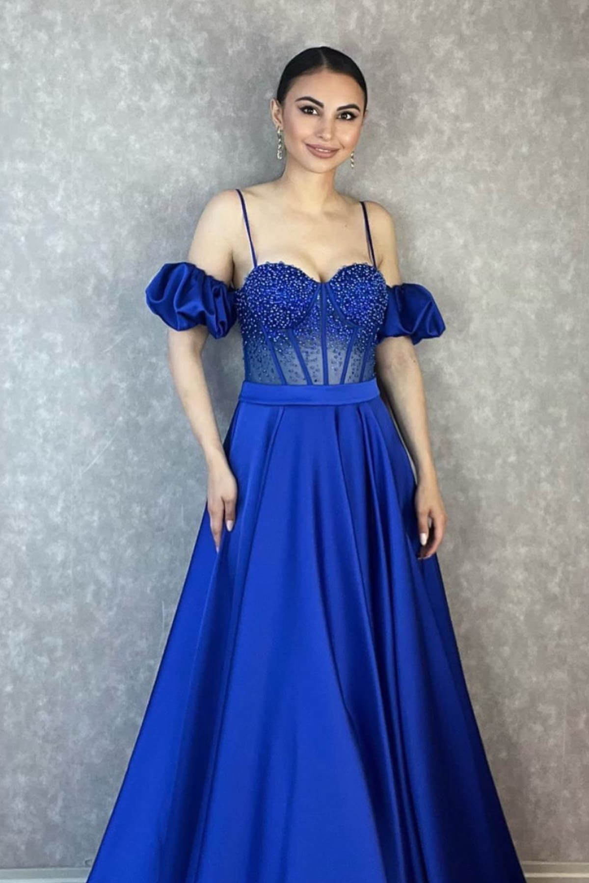 Lussooy Royal Blue Off-The-Shoulder Spaghetti-Straps Evening Dress With Beadings