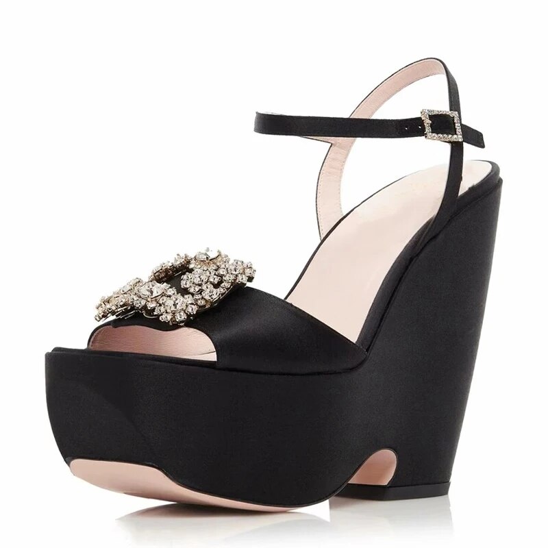 GOOSHOE Bright Satin Square Pearls Ornament Thick Platform Shoes Women's High Wedge Heels Modern Open Toe Denim Sandals