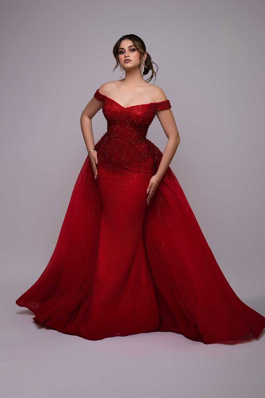 Lussooy Red Satin Glamorous Off the Shoulder Strapless Beaded Mermaid Prom Dress with Detachable Train