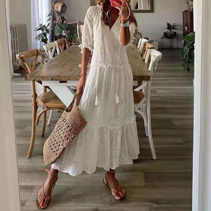 Casual and Sweet V-neck Printed Boho Tassel Midi Dress