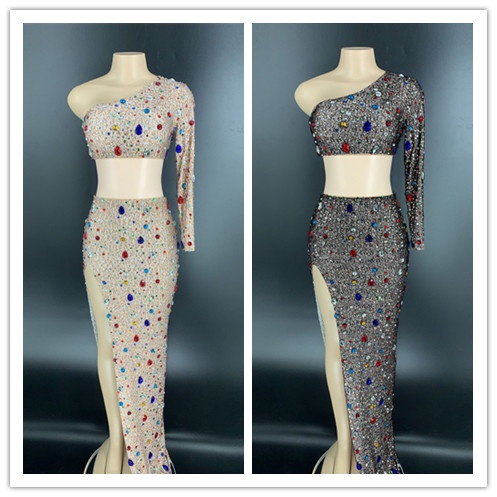 GOOSHOE Multi-color Glass Rhinestones Long Dress Women's Set Celebrate Outfit One Sleeve Set