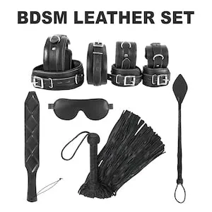pornhint Pornhint Ardour Crafts Kitten Play Set BDSM Restraint Set Black Wrist ankle Thigh Collar Cuffs ,Blind fold Leather Flogger Riding crop Leather Paddle