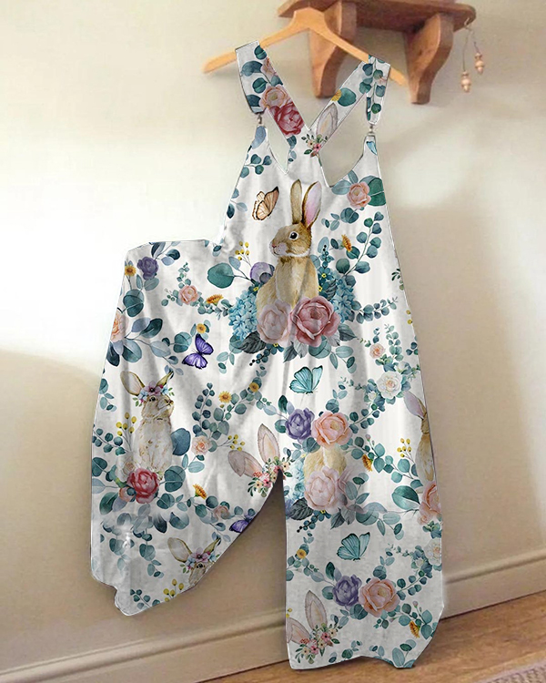 Women's Floral Bunny Print Casual Jumpsuit