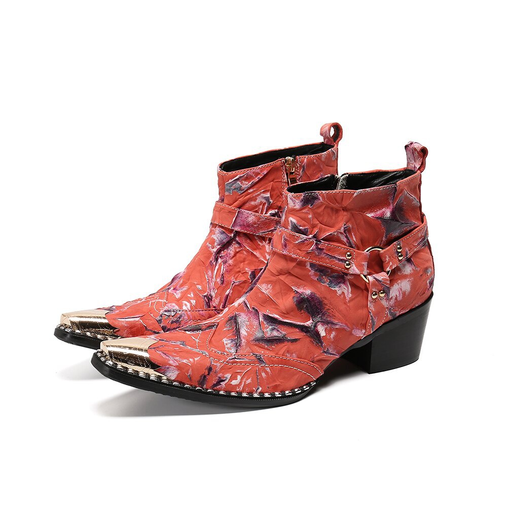 GOOSHOE Print Men High Heel Boots Metal Pointed Toe Club Dress Boots Male Motorcycle Short Boots