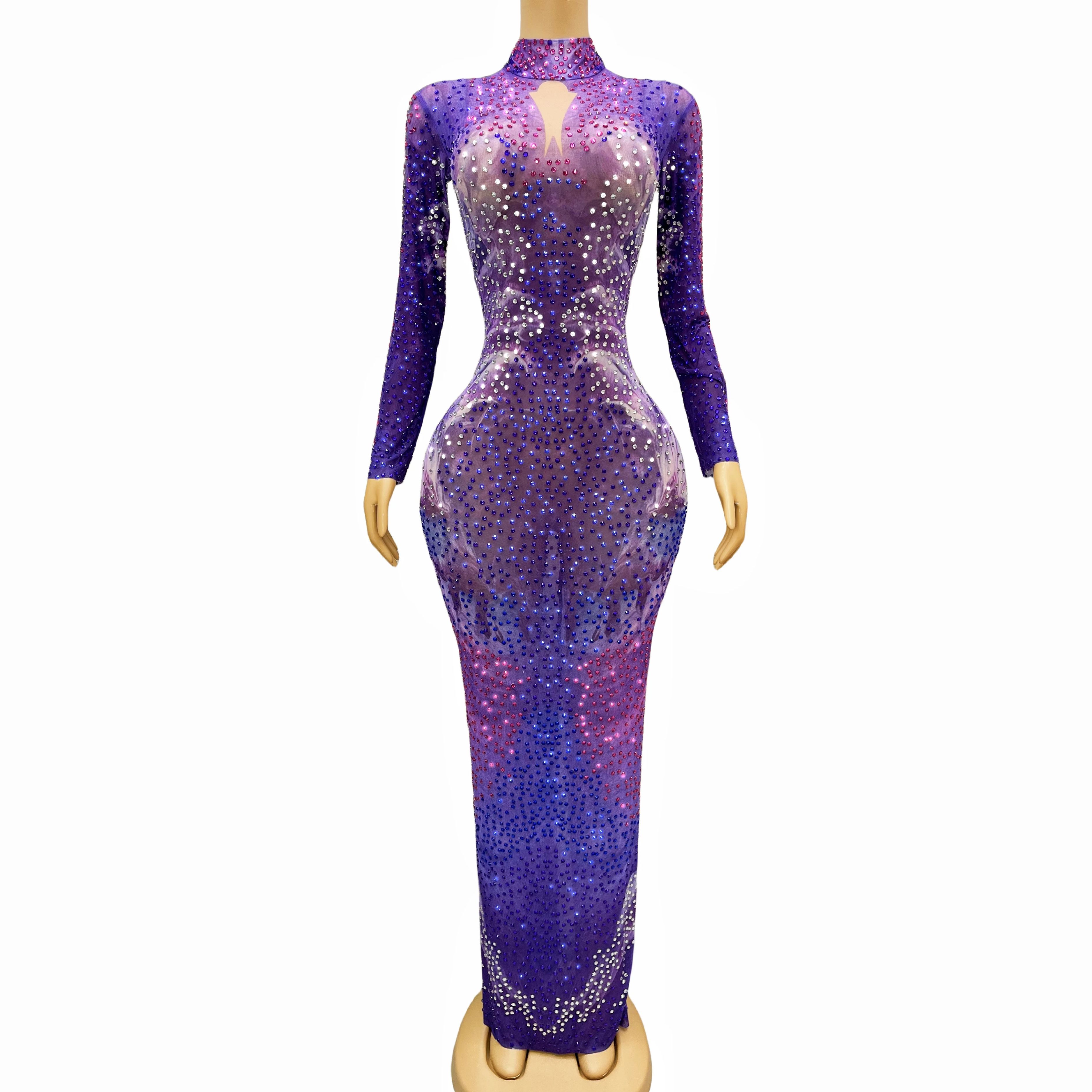 GOOSHOE Brilliant Purple Rose Rhinestones Long Sleeves Dress Photography Outfit Graduation Costume Molan
