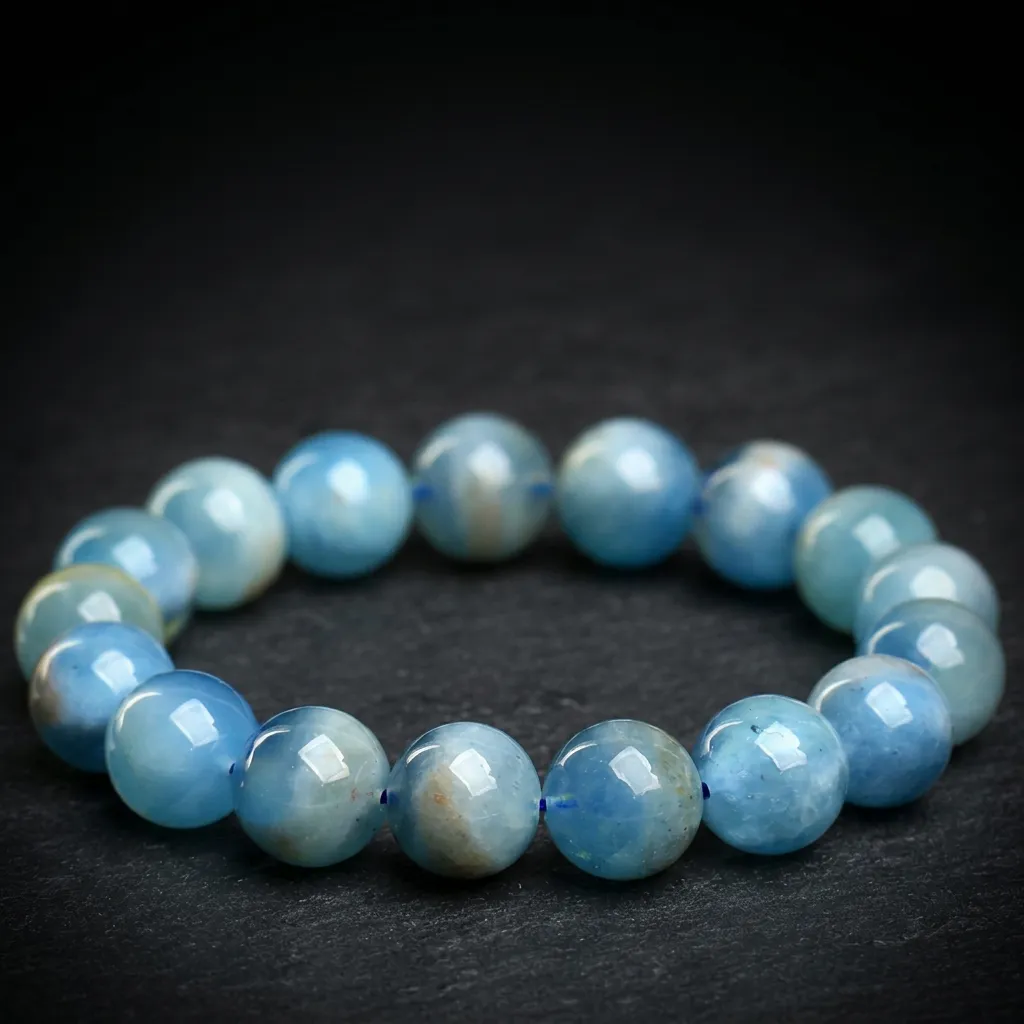 JiStones Eternal Ocean: Natural Island Aquamarine Beaded Bracelet 7A Premium Deep Sea Blue-13mm - Bold