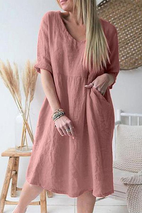Plus Size Summer New Three-Quarter Sleeve V-neck Mid-Length Loose Dress