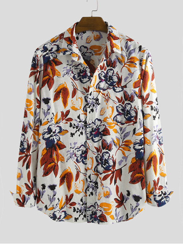 Floral Printed Hawaii Style Long Sleeves Lapel Collar Shirts Tops