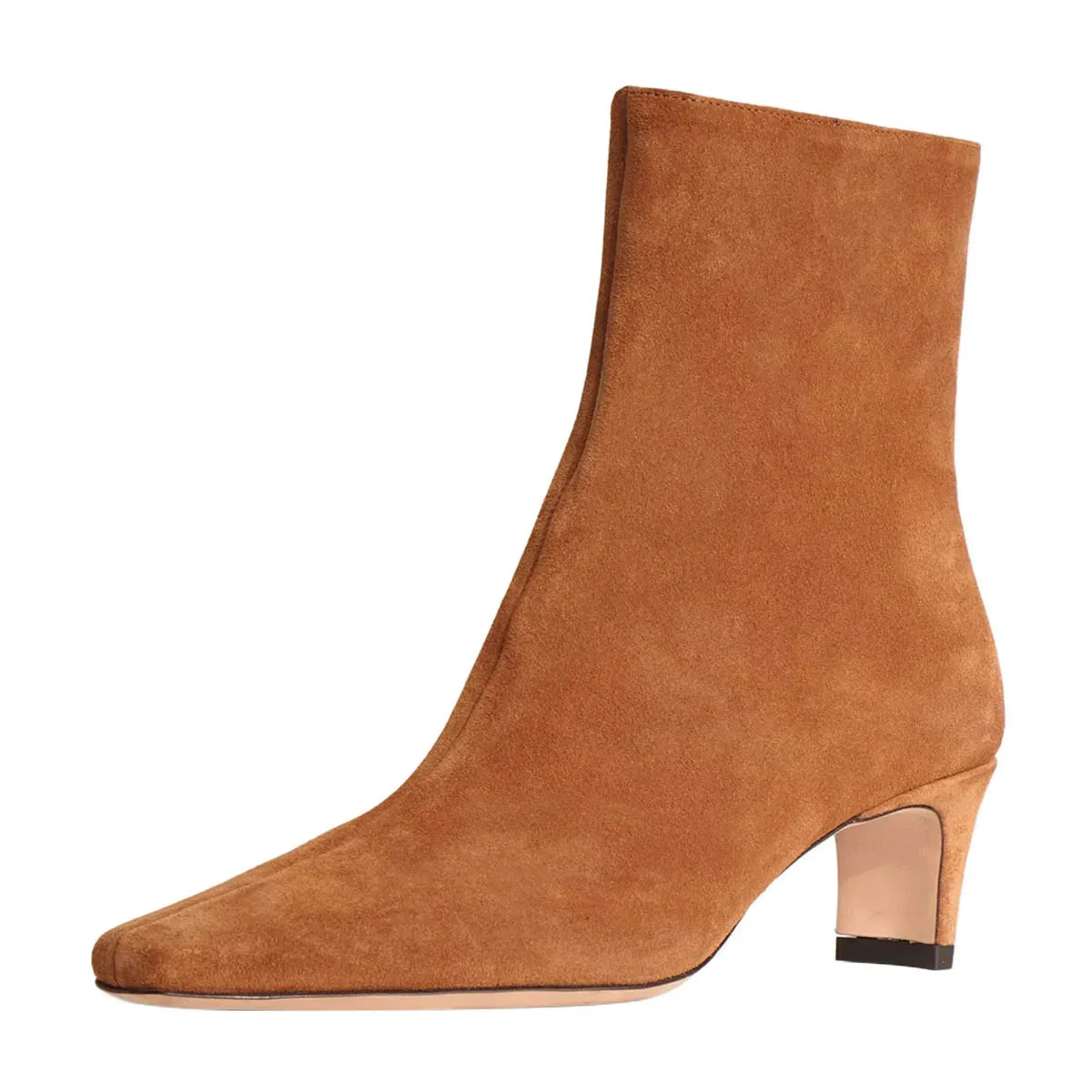 Brown Vegan Suede Square Toe Zipper Fall Boots with Kitten Heel