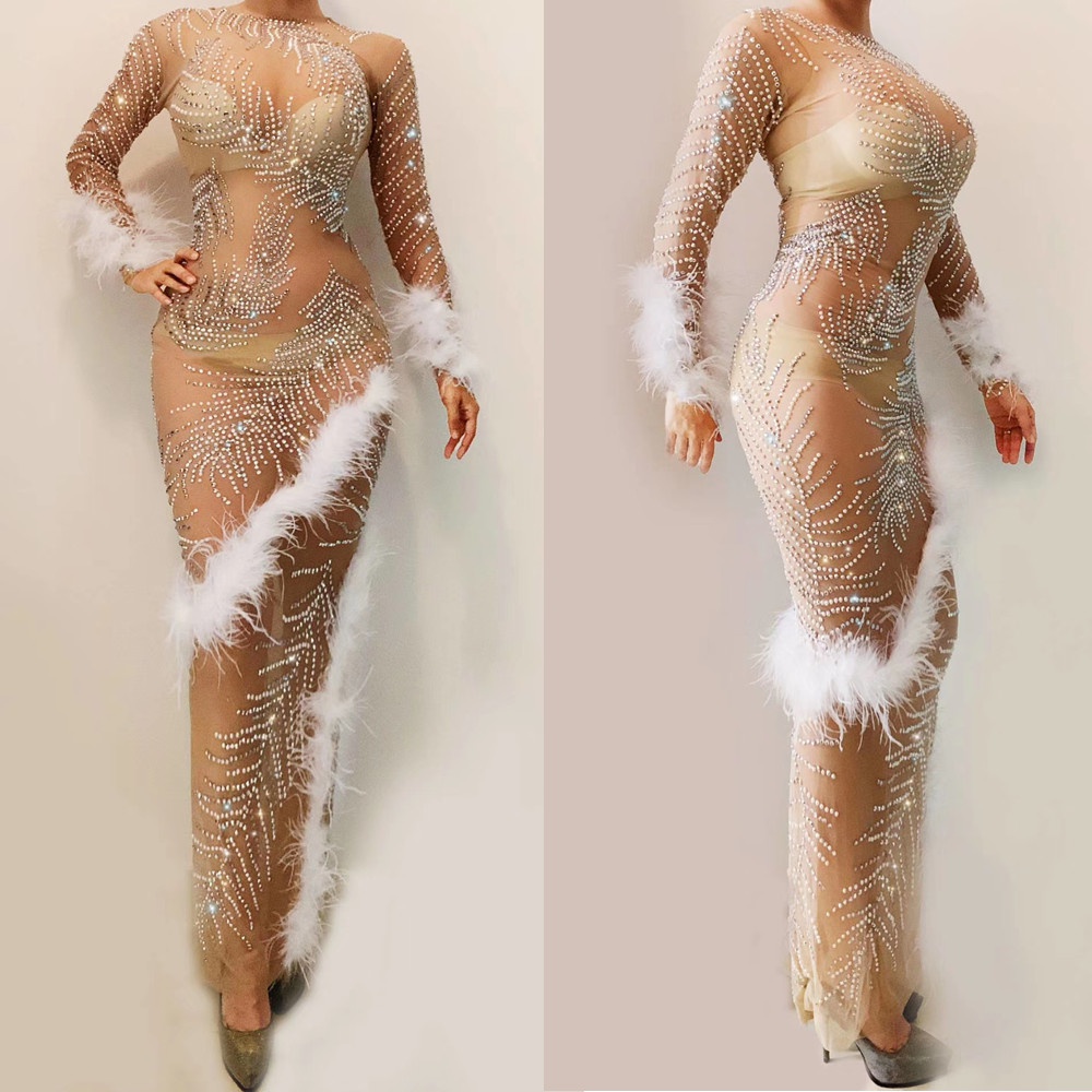 GOOSHOE Rhinestones Feathers Perspective Dress Celebrate Party Long Dresses Stage Bodycon Dress