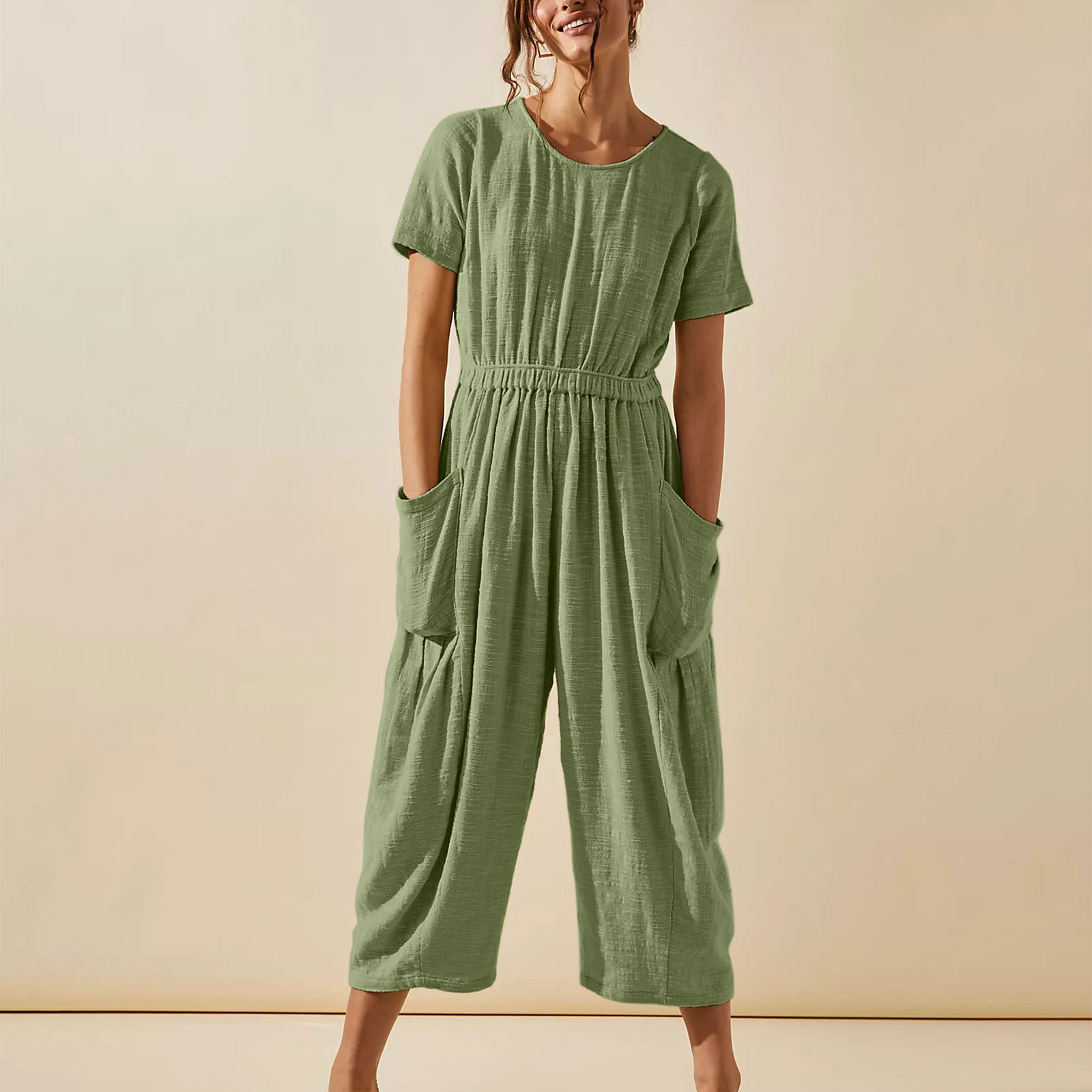 Summer solid color loose type jumpsuit