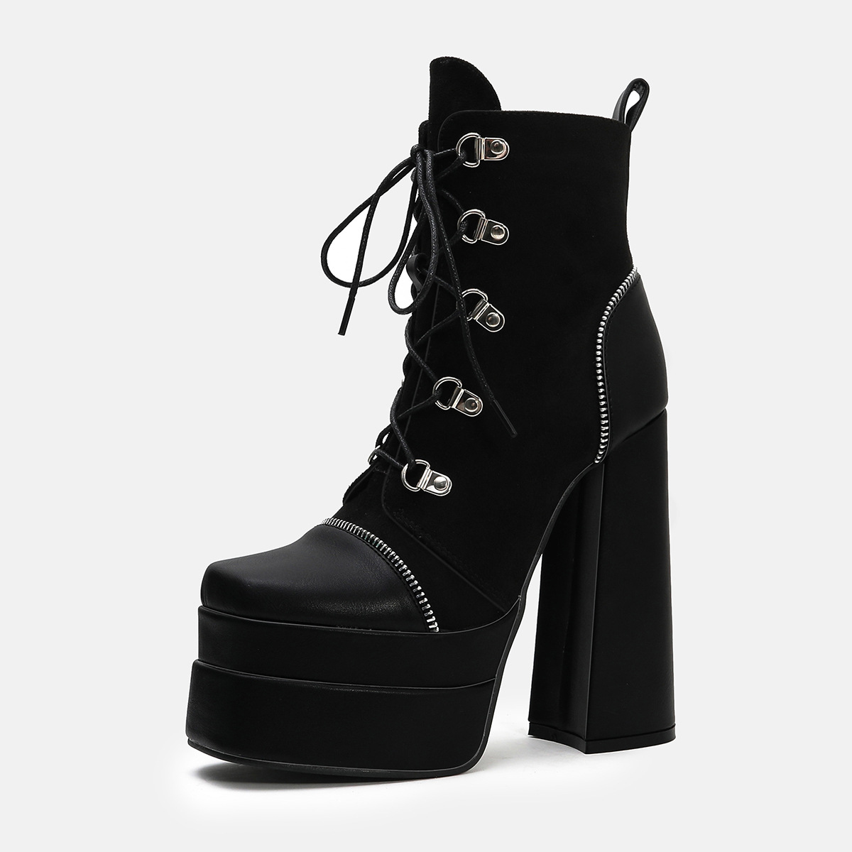 GOOSHOE High Double Platform Women Lace Up Short Ankle Boots Thick Heel Shoes Square Toe Custom Shoe 145cm Heels