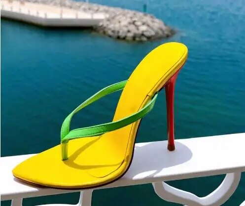 VCSHOES Pink Blue Yellow Mixed Color Leather Clip Toe Thin Heels Slippers Women Pointed Toe High Heel Slide Shoes