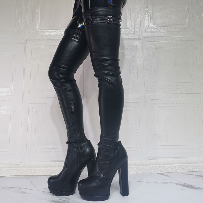 GOOSHOE Stretch PU Leather Over Knee High Boots Platform Long Thigh High Boots Women Buckle Strap Shoes