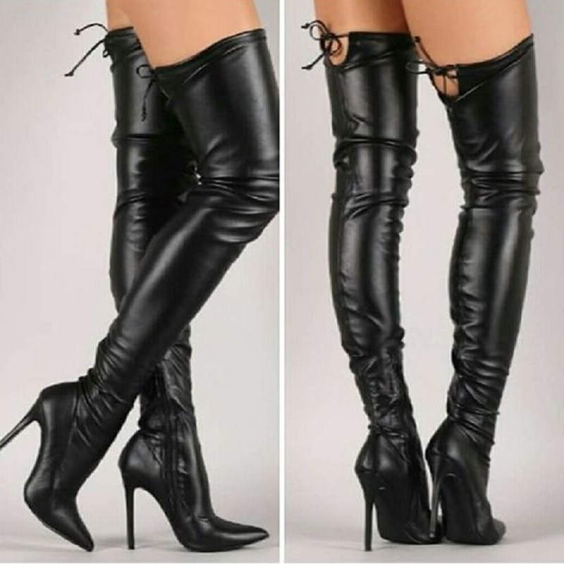 GOOSHOE Women Over The Knee High Boots Stylish Pointed Toe Thin Heels Boots Woman Black Thigh High Boots