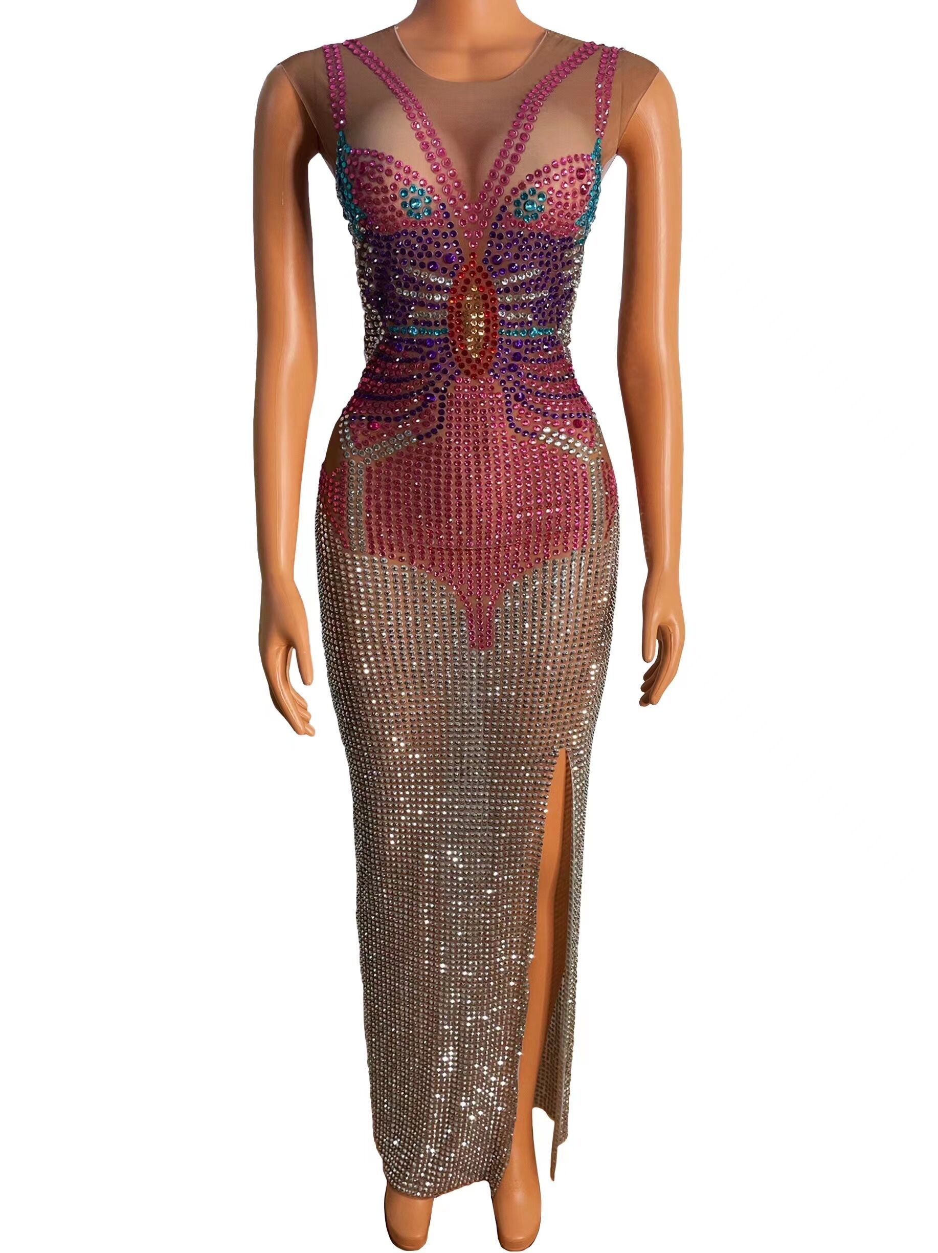 GOOSHOE Long Dress Transparent Full Rhinestone Celebrate Costume Butterfly Pattern Dress