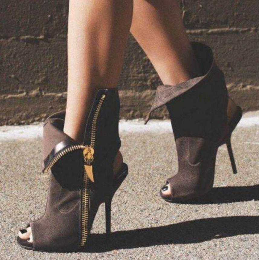 GOOSHOE Street Peep Toe Side Zipper Stiletto High Heel Ankle Boot Sandals