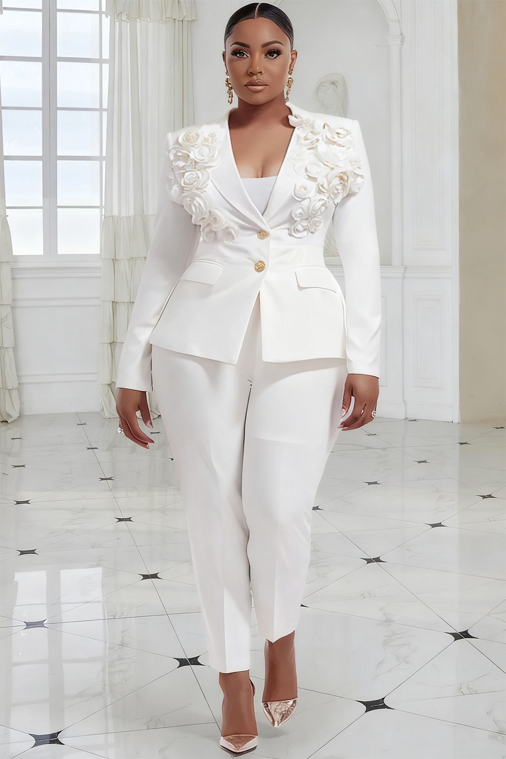 Xpluswear Design Plus Size Formal White Turndown Collar Long