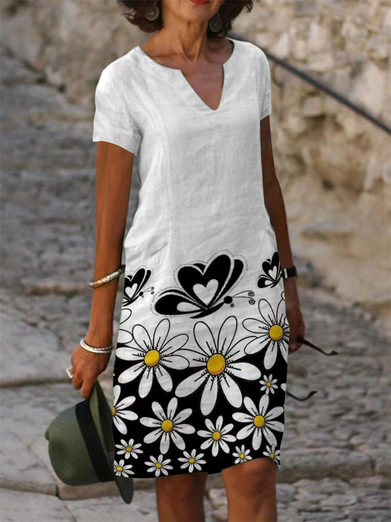 Fashionable New Flower Printed V-neck Midi Dress for Women