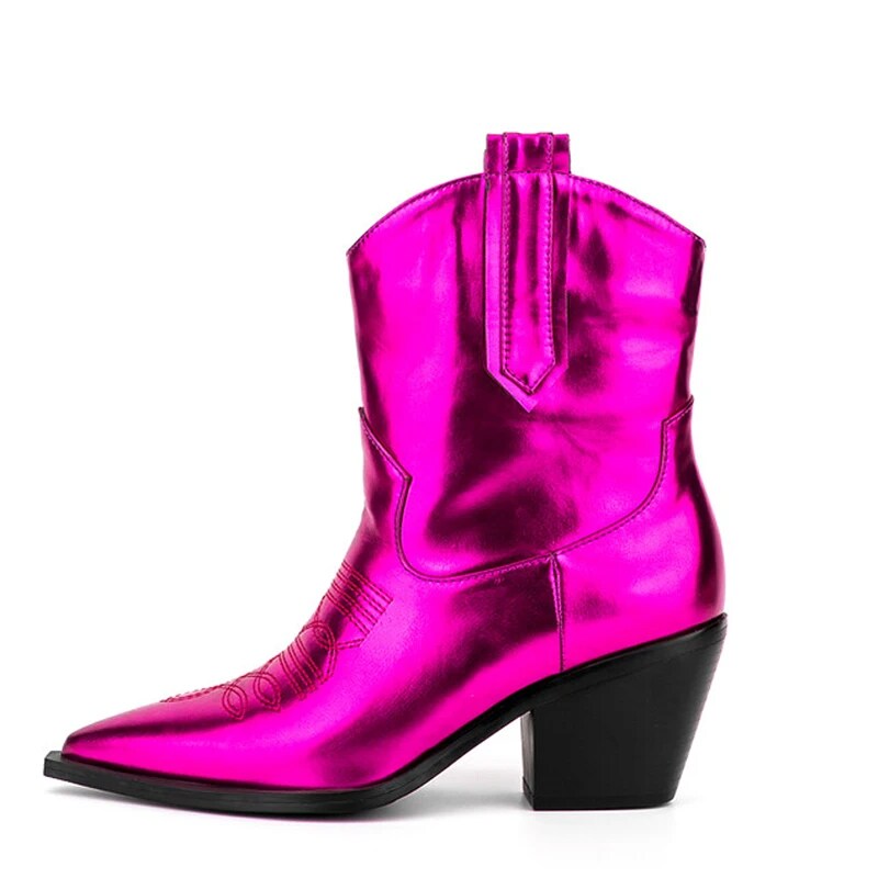 GOOSHOE Big Size 45 Shoes Women Cowboy Short Boots Square Wedge Heels Pointy Toe Shoes Bright Pink Ankle Booty