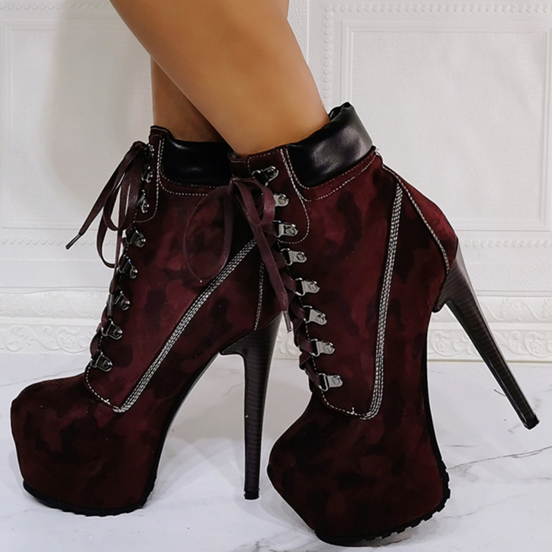 GOOSHOE Wine Red Boots Thin High Heel Short Lace Ankle Boots Platform Shoes Anti-slip