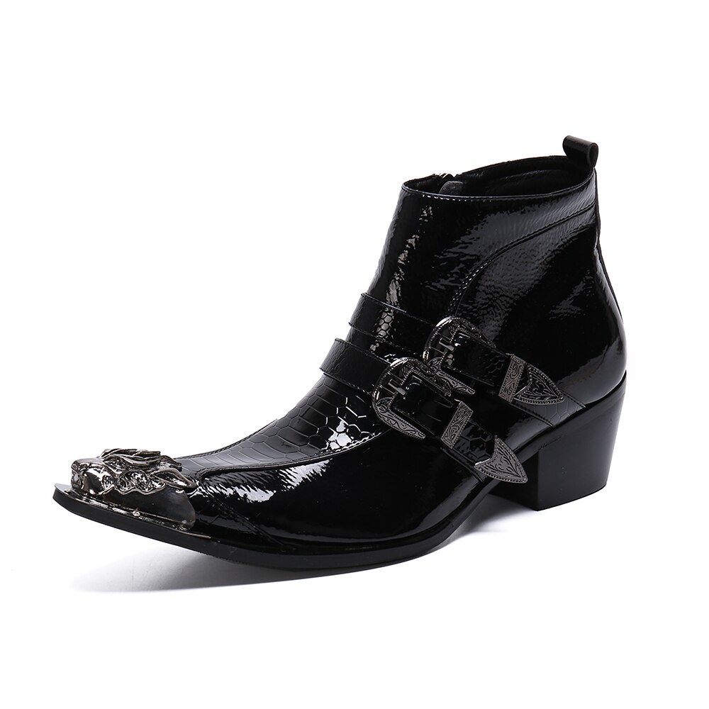 GOOSHOE Solid Men Shoes Leather Boots Metal Pointed Toe Boots Big Size Short Buckle Boots