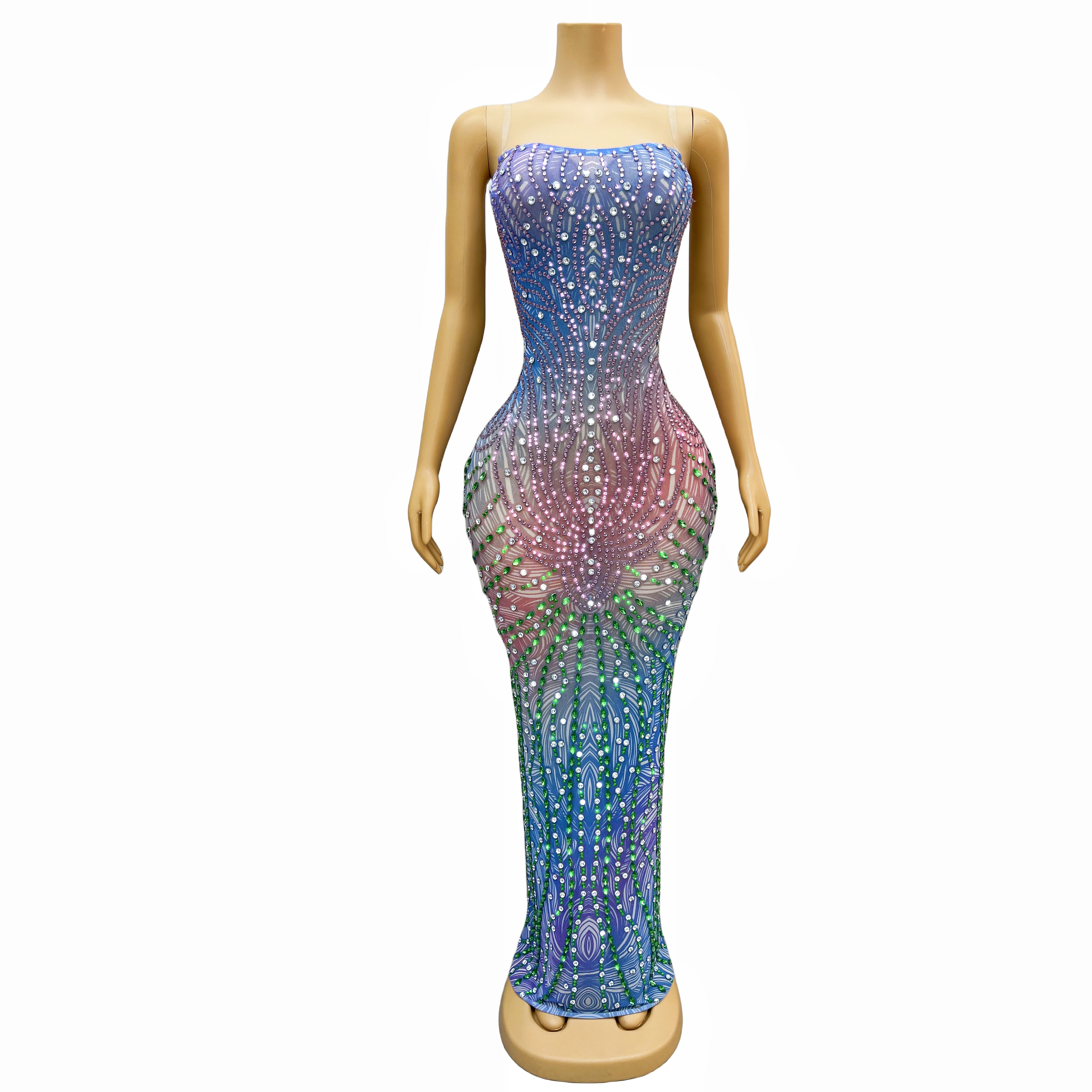 GOOSHOE Tube Celebrate Colorful Rhinestones Dress Crystals Mesh Transparent Collection Bingxue