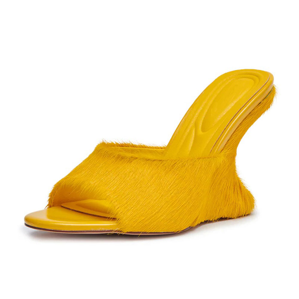 Mustard Yellow Open Toe Furry Wedge Heel Women's Mules Shoes