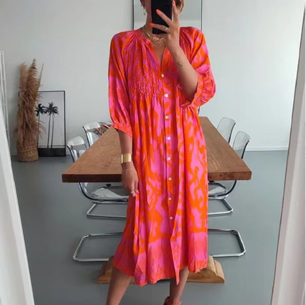 Spring and Summer New V-neck Printed Shirt Dress